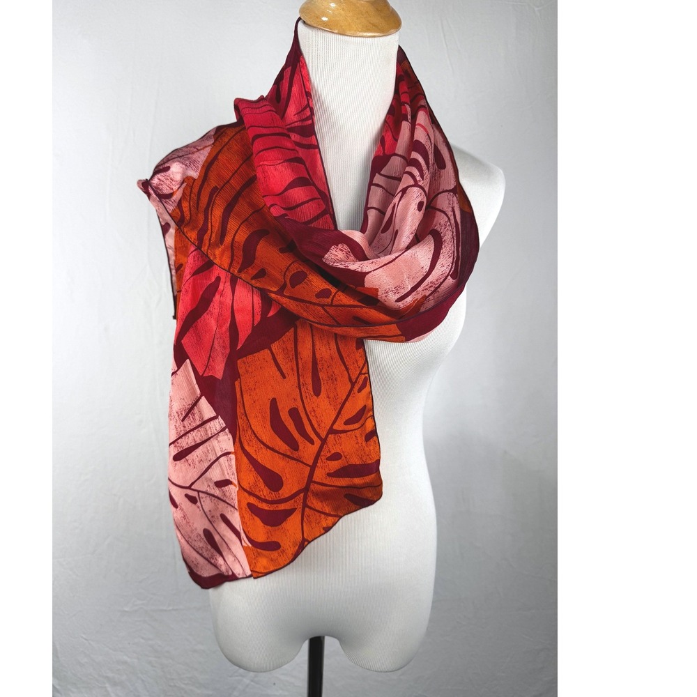 Womens Tropical Palm Leaf Scarf Burgundy Orange Pink Monstera Print Oblong 14x58